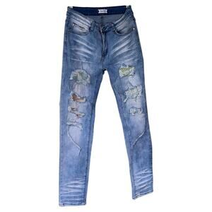 Blue Topic Rhinestone Studded Patch Distressed Denim Jeans Y2K Style - Size 9/10
